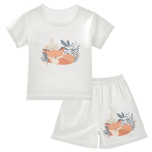 Fox Plant White Pajama Set Short Sleeve Pajamas Shorts Sets Cotton Soft Loungewear Sleepwear 5Y