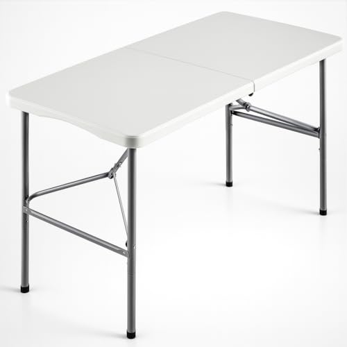 Mesa plegable camping portátil, jardín, catering. Auxiliar y Rectangular 122x61cm. Hasta 120kg de carga. Para exterior e interior. Ideal para 4 personas. Eventos, oficina, estudio, reuniones. Blanca