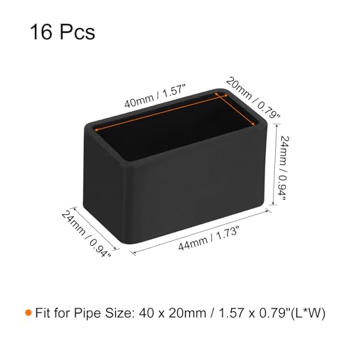 QUARKZMAN 16 Stück PVC Quadratische Stuhlbeinkappen, 40mm x 20mm OD Schwarze Möbelfüße Pads Tischfußabdeckungen Bodenschoner für Terrassentisch Schrank Bettmöbel