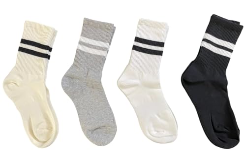 Women’s Athletic Crew Socks with Arch Support – 4 Pairs, Striped Design – Comfortable Daily Wear Socks, Size 6–9 (White, Cream, Black, Gray) for all day comfort.