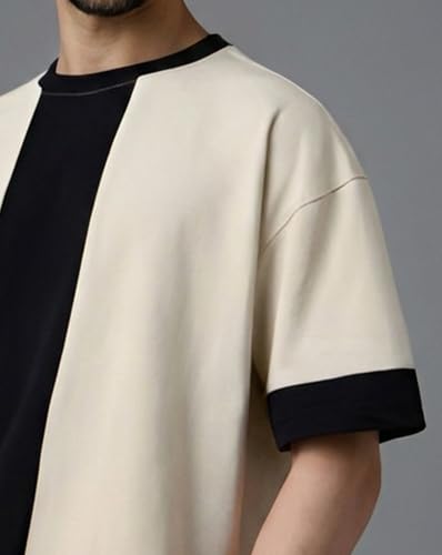Image of Men T-Shirt, Two-Tone Ribbed Round Neck, Casual Half Sleeve Tshirts for Mens