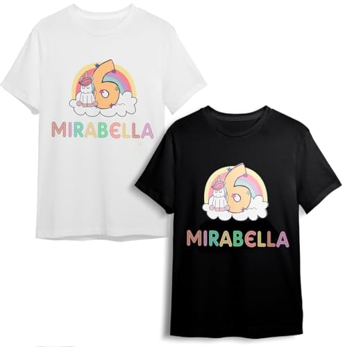 EVYRE | Pack Cumpleaños Personalizado | Camiseta Personalizada O Body Bebe Personalizado Con Nombre Y Número + Topper Tarta Personalizado De Metacrilato Colores Para Decoración Cumpleaños | Unicornio