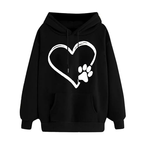 Heart Dog Paw Print Sweatshirts for Women Long Sleeve Pullover Hoodies Casual Lightweight Fleece Hooded Tops XX-Large Black