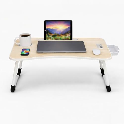 Image of GoRogue Foldable Wooden Mini Laptop Table for Bed, Study Table with Drawer, Tablet /Mobile Holder for Kids & Adults (Beige), 40 Centimeters, 60 Centimeters