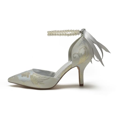 Women's Floral Satin Pointed Toe Kitten Heels Pearl Wedding Shoes for Bride Prom Party Dress Shoes Pumps3