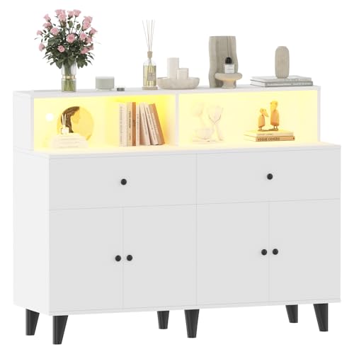 47.2" TV Stand Cabinet with Power Outlets & LED Light Wood Coffee Bar Table Freestanding Kitchen Pantry Cabinet with Drawers & Adjustable Shelves Floor Cupboard Hutch for Living Room Dining Room White - image 7