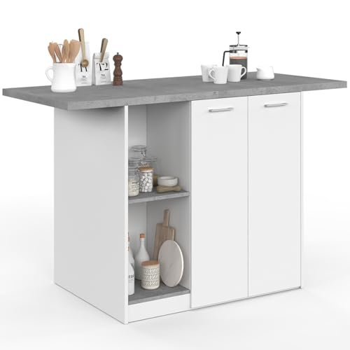 IDMarket - Ilot Central BAO 140 cm 4 Personnes Bois Blanc avec Plan de Travail Effet béton