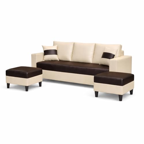 Image of Strike Dual Tone 5 Seater L Shape Leatherette Sofa Set with 2 Movable Ottomans | Flexible Layout | Premium Leatherette Upholstery | for Living Room & Office Spaces (Brown & Cream) | Breathable Material