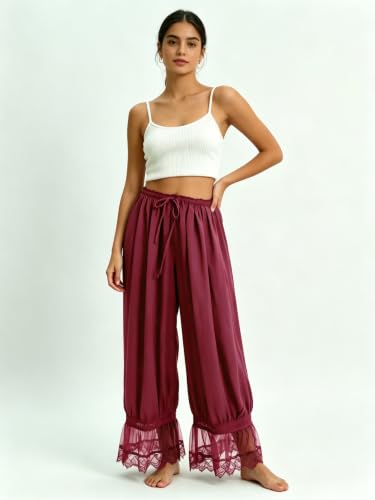 Image of UAURORAO Women Lace Trim Bloomer Pants Flowy Culottes Pantaloons Bloomers