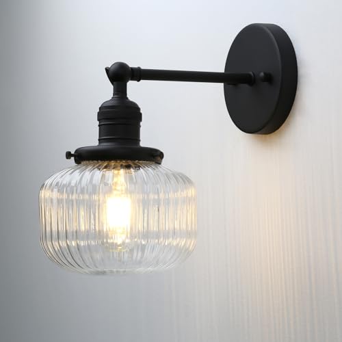 Image of PERMO Single Sconce Vintage Industrial Wall Sconce Lighting with Flate Globe Ribbed Shade (Black)