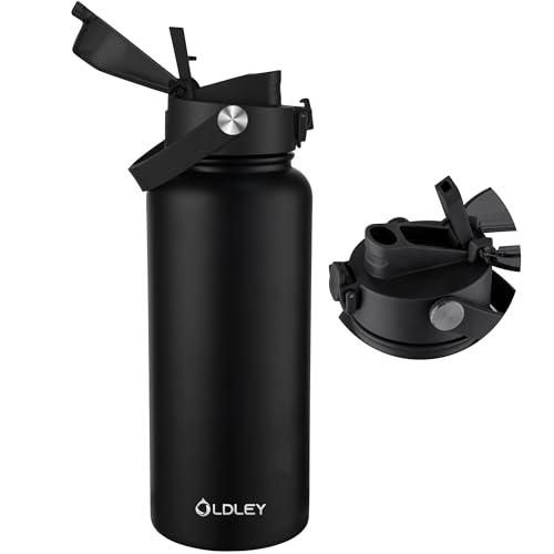 Image of OLDLEY 32oz Insulated Water Bottle with 2-in-1 Straw & Chug Lid, Leakproof Stainless Steel Bottle, Double Wall Vacuum Insulated Water Bottle for Sports, Gym, Travel,Black