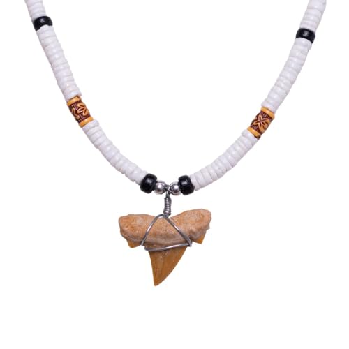 BlueRica Fossil Shark Tooth on Puka Shell Beads Necklace (18