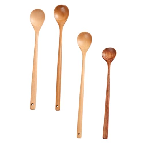 CLISPEED 4個 木製長柄スプーン点 調理用蜂蜜攪拌用 食洗機対応 環境素材 軽量快適ハンドル 料理とデザートに適した多機能キッチンツール