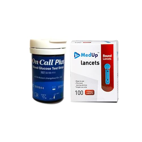 Image of MedUp Round Lancet Needle Pack of 100 Pieces with On Call Plus Glucose Test Strips Pack Of 50, Blue