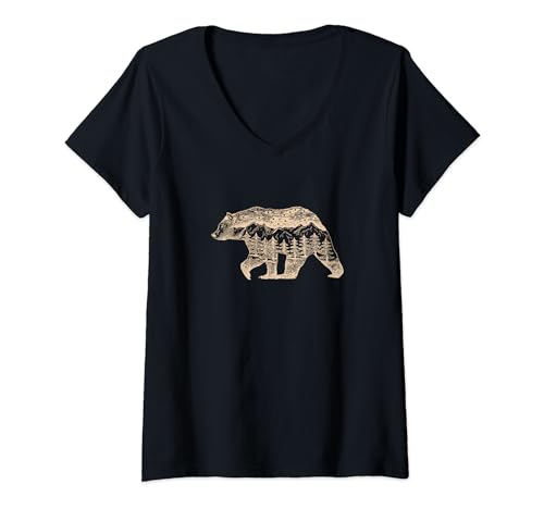 Donna Wildlife Retro Wild Animal Bear All'aperto Natura Foresta Albero Maglietta con Collo a V