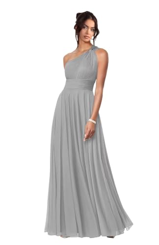 Women's One Shoulder Ruched Bridesmaid Dresses with Split Long Chiffon Pleated Formal Party Dress with Pockets DE03