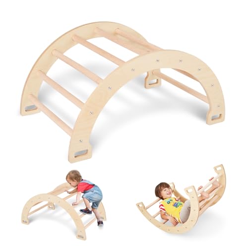 Image of Hakiuish Wooden Ladder Arch for Climbing, 3-in-1 Kids Climber Ladder & Rocker Board, Triangle Climber for Playground, Gym & Daycare, Climbing Toy for Toddlers Boys Girls