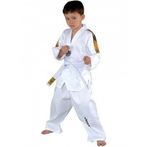 KWON Taekwondo Anzug TIGER 130 | Kwon Clubline Taekwondo Tiger Anzug lange Ärmel, weit geschnittenes Bein V-förmigen Schlupfkragen inklusive weißem Gürtel