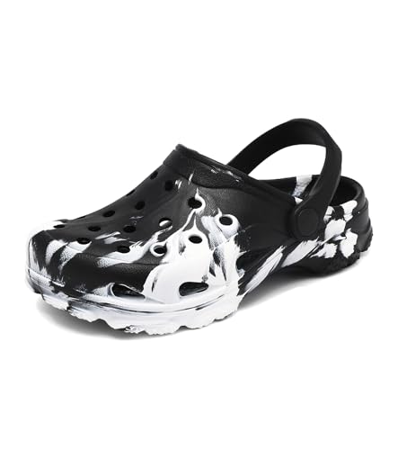 Image of Boys and Girls Tie Dye Clogs for Kids,Unisex Eva Mules for Big Kid,Little Kid,Boy and Girl Closed Toe Slide Sandals,Black and White