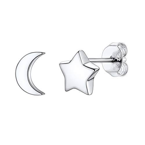 Suplight Clous d'Oreilles Asymétriques Femme en Argent 925 Lune et Etoile Strling Silver Stud Earring Cover