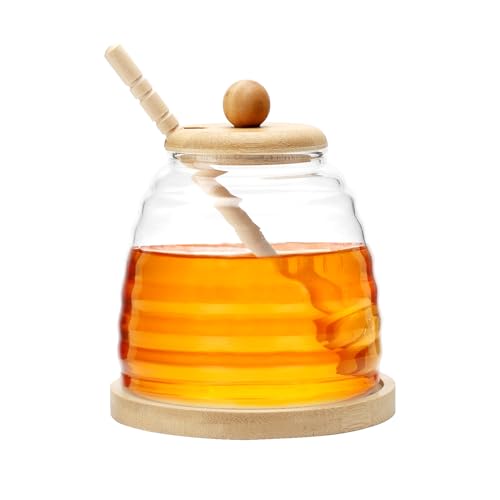 APOMOONS Honey Jar with Dipper and Lid 300ml Glass Honey Pot with Dipper Set Glass Honey Containers for Storing and Dispensing Honey