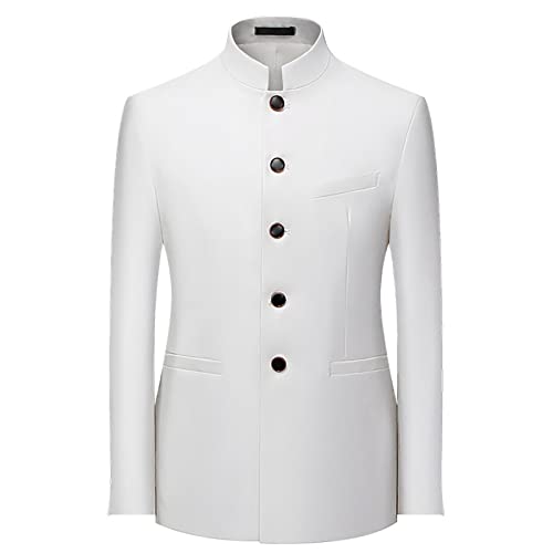 Duohropke Blazer Chaqueta de cuello chino para hombre, corte estrecho, cuello alto, chaqueta de traje, elegante abrigo de traje Mao, informal, traje de Zhongshan para ocasiones formales, 01 blanco