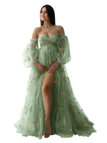 Wchecalino Flower Embroidery Tulle Maternity Dresses for Photoshoot Ruffles Puffy Sleeve Long Robes for Baby Shower