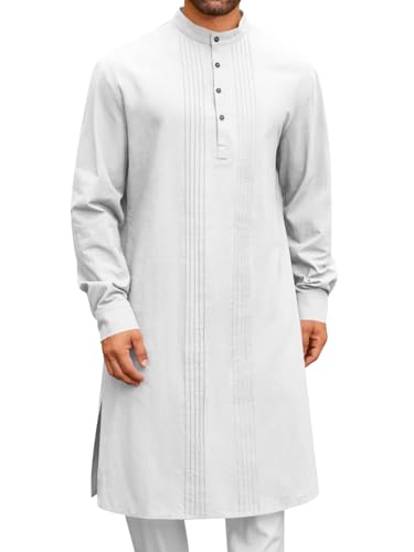 Runcati Mens Kaftan Robe Button Down Long Sleeve Cotton Linen Thobe Casual Muslim Gown Henley Shirt