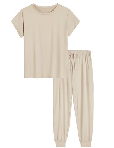 Image of Joyaria Women's Bamboo Viscose Cooling Pajamas Short Sleeve Crewneck Top & Jogger Pajama Pants with Pocket S-XXL