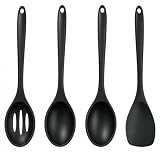 Juego de 4 Utensilios de Cocina de Silicona, Espátula de Cuchara de Silicona Grandes Antiadherentes, Cucharas Ranuradas Negras Resistentes al Alor para Cocina y hornear (27,5 cm)