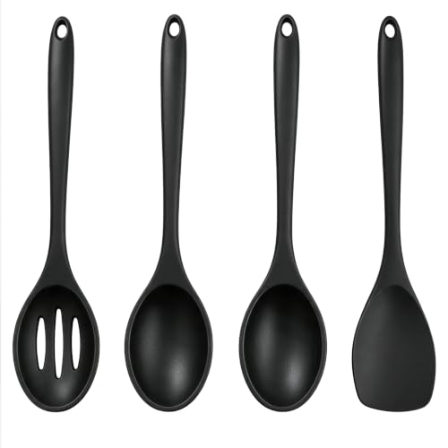 Set di 4 cucchiai da portata in silicone, cucchiaio silicone cucina, mestoli cucina, nero, riutilizzabile, per mescolare, amalgamare, farina, zuppa, tè, zucchero