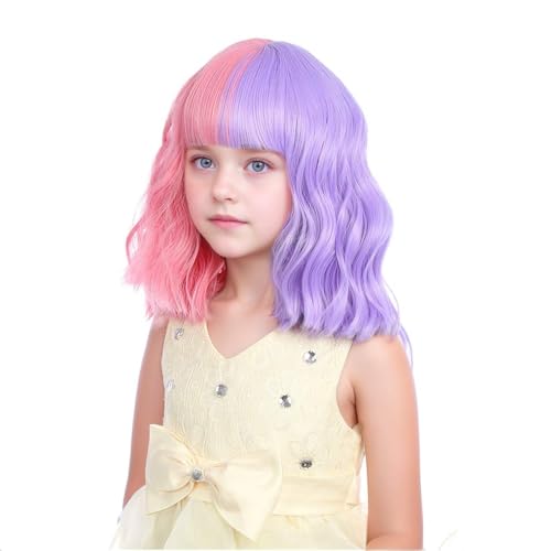 Image of Child Purple Pink Wig Kids Short Half Purple Half Pink Wig With Bangs Girls Wavy Curly Wigs for Halloween Cosplay