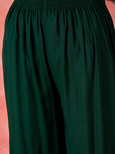 Image of Stylum Women's Solid & Embellished Rayon Flared Kurta Palazzo Dupatta Set