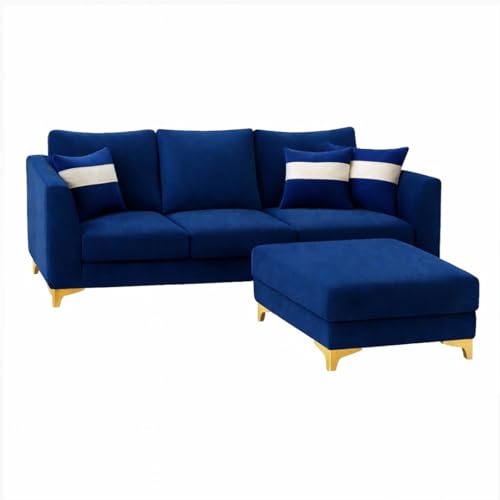 Image of Remi 4 Seater L Shape Sofa Set with Movable Ottomans | Flexible Layout | Rich Velvet Suede Fabric | Silver Legs | Modern Sofa for Living Room (Dark Blue)