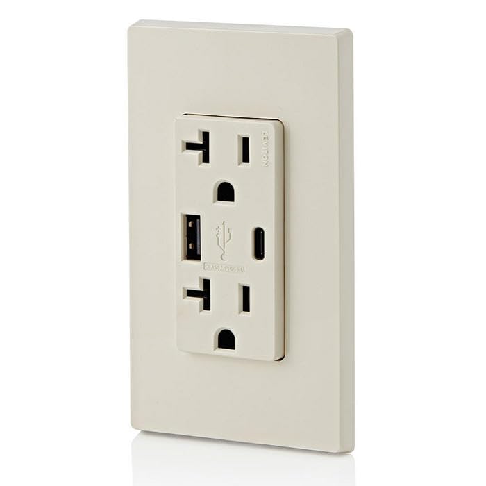 Image of Leviton Type A & Type-C USB in-Wall Charger with 20A Tamper-Resistant Outlet, USB Charger for Smartphones and Tablets. Not for Laptops, T5833-T, Light Almond