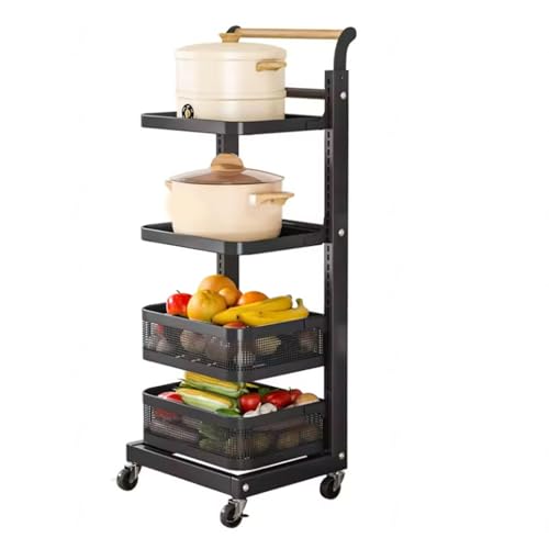 Carrito de cocina rodante con ruedas, 4 tablas y 2 cestas de almacenamiento al aire libre, carrito de cocina móvil, carrito de cocina negro para comedor y cocina