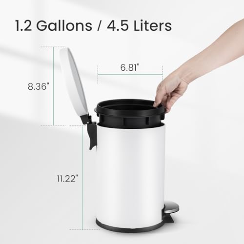 Image of Cesun 1.2 Gallons Small Trash Can with Lid, White Bathroom Garbage Can with Foot Pedal, Mini Round Wastebasket for Bathroom, Bedroom, Office, 4.5 Liters / 1.2 Gallons, White