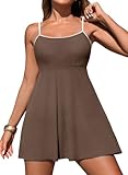 Aleumdr Athletic One Piece Swimsuits Tummy Control Tankini Bathing Suits for Women Ribbed Swimsuits Skirt Swimwear with Pocket Coffee Large