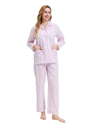 Image of GLOBAL Women Cotton Pajamas Long Sleeve PJs Button Down Sleepwear S-3XL