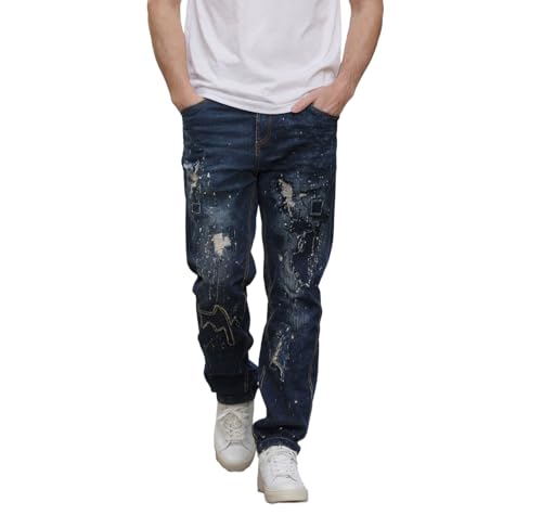 Men's Slim Fit Stretch Printed Jeans Patchwork Skinny Straight Denim Pants