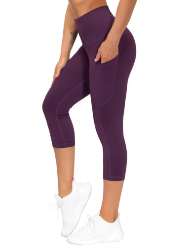 Image of THE GYM PEOPLE Thick High Waist Capris Yoga Pants with Pockets, Tummy Control Workout Running Yoga Leggings for Women