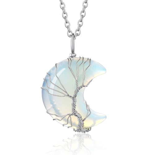 Bestyle Tree of Life Crescent Moon Necklace, Synthetic Moonstone Gemstones Healing Crystal...