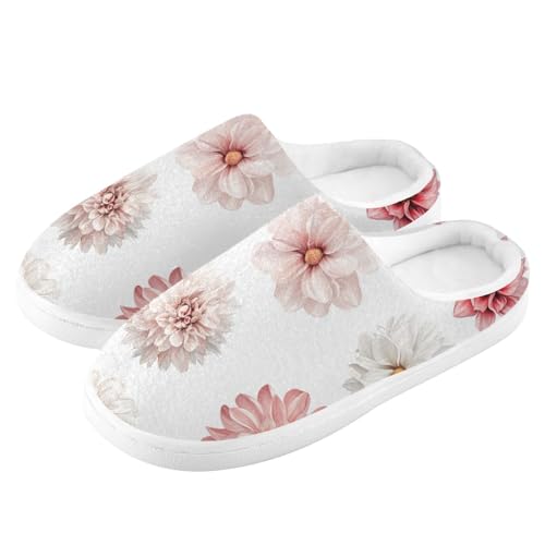 JUNZAN Vintage Dahlia White Women Home Cotton Slippers Winter Memory Foam Guest Slippers for Spa Birthday Presents 6-74