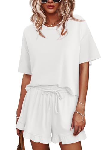 Tankaneo Womens Pajamas Set Lounge Sets Cropped Short Sleeve T Shirts Drawstring Ruffle Shorts Soft Sleepwear, White, Small