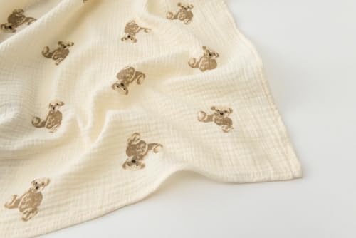 Image of Little Jump Muslin Swaddle Blanket Baby - 40 inch x 47 inch Large Cotton Swaddling Blanket Soft Neutral 3 Pack (Coffee Checkered & Khaki & Teddy Bear)