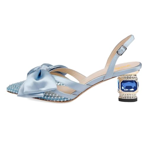 XYD Women Pointed Toe Slingback Wedding Pumps Bows Mesh Chunky Low Heel Sandals Crystal Dress Party Shoes2