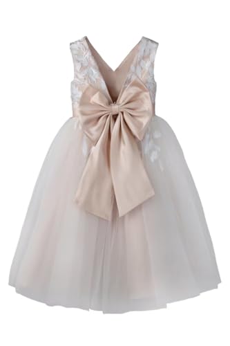 Flower Girl Dress for Wedding Tea Length Lace Applique Tulle Princess Kids Birthday Pageant Party Gown with Bow-Knot