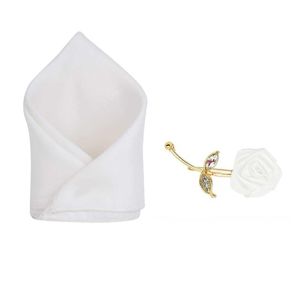 sa style along Style Along White Premium Mens Solid Micro Fiber Silk Satin Pocket Square And Handmade Polyester White Rose Golden Leaf Lapel Men Brooch-picture-13
