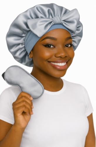 Sosun Beauty Double Layer Satin Sleep Bonnet, Blue Ice with Tie Band and Free Matching Sleep Mask