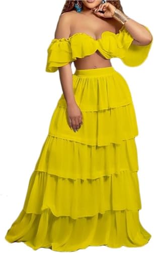 Women’s Summer Two Piece Dress Short Sleeve Top Long Skirt Casual Party Evening White Yellow(Yellow,M)